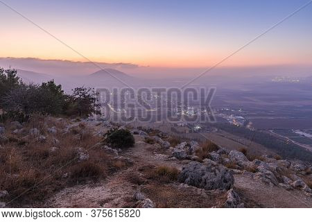 Morning View At Morning Sunrice From Mount Precipice On A Nearby Valley Near Nazareth In Israel