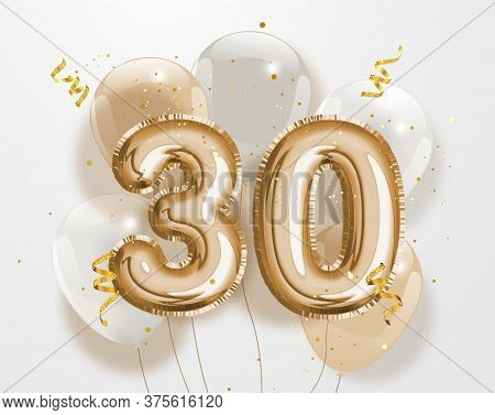 Happy 30th Birthday Gold Foil Balloon Greeting Background. 30 Anniversary Logo Template- 30th Celebr