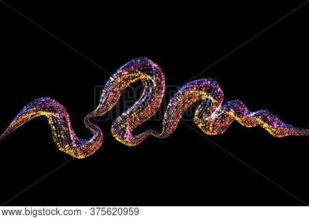 Abstract Glowing Colorful Wavy Line Composed Of Particles Flying On A Black Background. Overlay Laye
