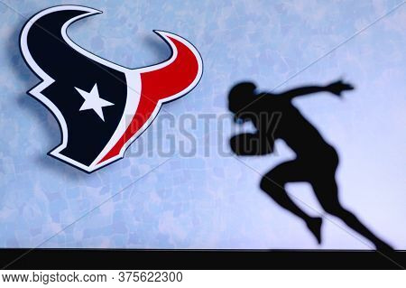 Houston Texans. Silhouette Of Professional American Football Player. Logo Of Nfl Club In Background,