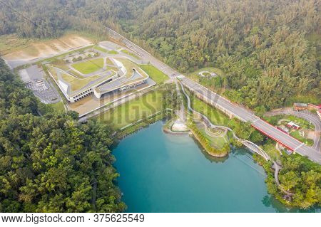 aerial landscape with famous Xiangshan Visitor Center at Sun Moon Lake, Nantou, Taiwan