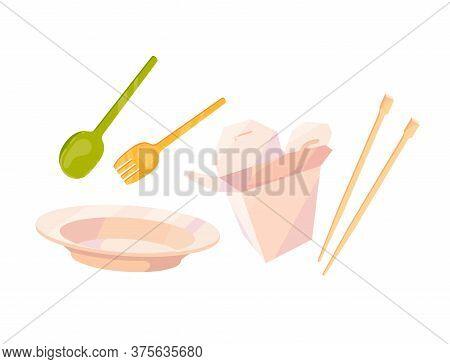Set With Plate, Fork, Spoon, Wooden Sticks And Wok Box. Different Types Of Cutlery In Different Cuis