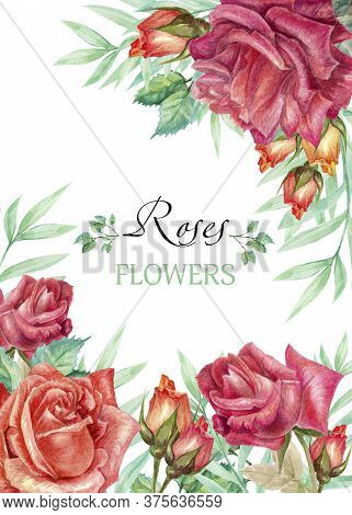 Watercolor Wedding Invitation With Roses On A White Background