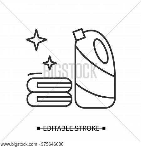Bleach Icon. Household Chemical Bottle With Laundry Pile Line Pictogram. Clothes Washing, Disinfecti