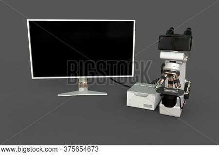 White Laboratory Microscope, Control Block And Blank Monitor Isolated, Photorealistic Medical 3d Ill