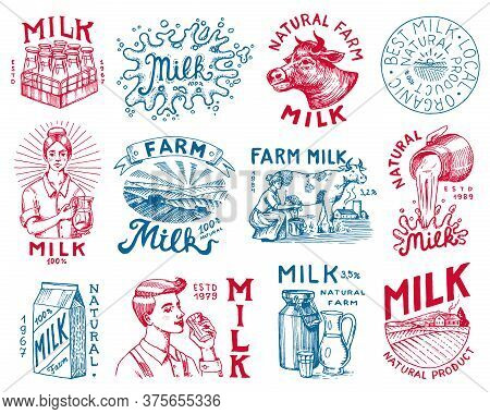 Milk Set. Cow And Woman Farmer, Milkmaid And Jug, Blot And Bottles, Packaging And Meadow, Man Holds 