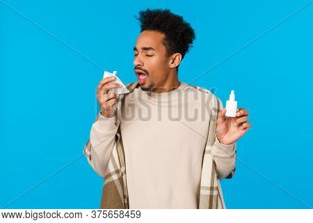 Ahchoo. Sick African American Guy Staying At Home, Skip College Feeling Unwell, Caught Cold, Sneezin