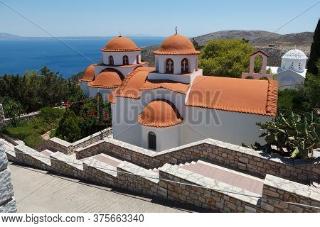 Beautiful Monastery Of Agios Savvas Located On Top Of A Hill Above Pothia Town, The Capital Of Kalym