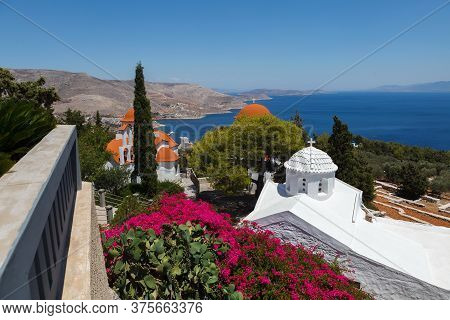 Beautiful Monastery Of Agios Savvas Located On Top Of A Hill Above Pothia Town, The Capital Of Kalym