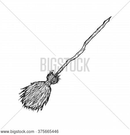 Witch Broom. Vector. Isolated Object On White. Hand-drawn Style.