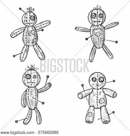 Set Of Hand-drawn Voodoo Dolls. Vector Cartoon Illustrations.