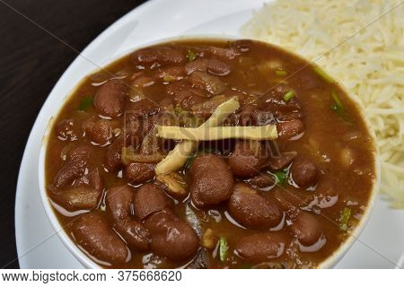Rajma, Razma, Kidney Beans With Ginger On Top Ofit With Rice, Close Up, Indian Spice Food, Tradition