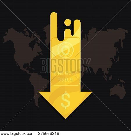 Gold Market Price Crisis Concept. Design By Golden Bar And Falling Down Arrow With Us Dallar Sign. D