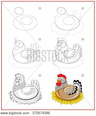Page Shows How To Learn To Draw Step By Step Cute Hen Sitting In The Nest. Developing Children Skill