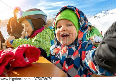 Cute Adorable Happy Funny Caucasian Little Toddler Boy Enjoy Having Family Fun And Making Selfie Wit