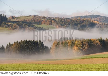 Bright Beautiful Autumn Landscape From The Bohemian Forest In The Fog, Austria