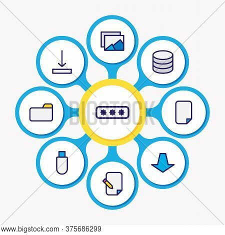 Illustration Of 9 Memory Icons Colored Line. Editable Set Of Pull, Download, Password And Other Icon