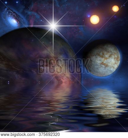Exosolar Planets Rise over quiet waters. 3D rendering
