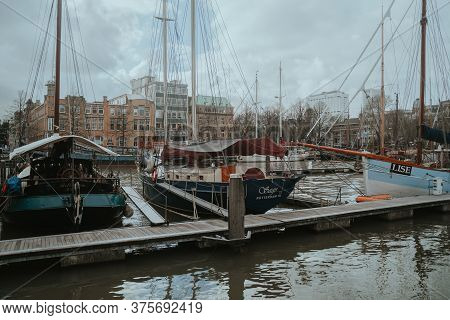 Rotterdam, Netherlands - March 9, 2020: Sailing Ships In The Harbor Veerhavenm, Rotterdam City