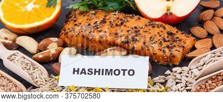 Inscription Hashimoto With Nutritious Natural Products And Ingredients Containing Vitamins For Healt
