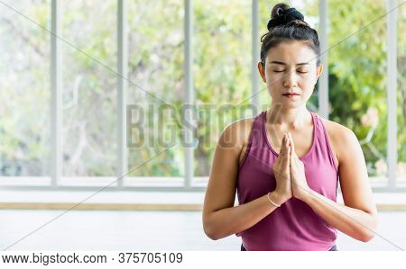 Asian Women Workout Practicing Yoga Training Put On Pink Clothes And Practice Meditation Wellness Li