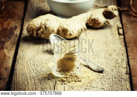 Ground Ginger, Old Wooden Background, Selective Focus
