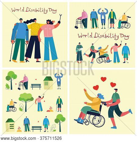 Vector Background With Disabled People, Young Handycap Persons And Friends Near Helping. World Disab