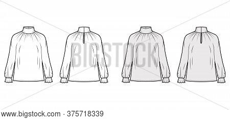 Turtleneck Blouse Technical Fashion Illustration With Long Sleeves, Flouncy Ruffled Cuffs, Oversized