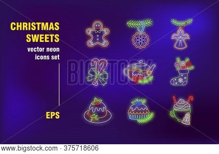 Christmas Sweets Neon Signs Set. Candy Cane, Gingerbread Man, Egg-nog, Pie. Night Bright Advertising