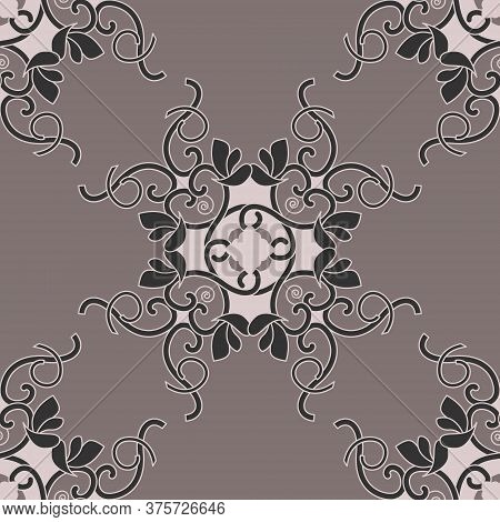 Seamless Pattern With Hearts, Spirals And Birds. Colors Pinkish Brown Dark And Pinkish Brown Light, 