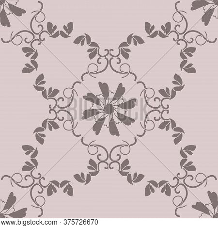 Seamless Pattern With Hearts, Interlaced Spirals And Birds. Colors Pinkish Brown Dark And Pinkish Br