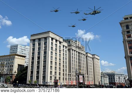 Moscow, Russia - June 24, 2020:military Transport Mi-26 And Multi-purpose Mi-8amtsh Helicopters In T