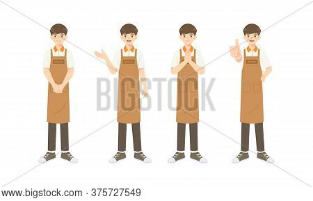 Collection Of Smart Waiter Or Assistant In Apron Uniform