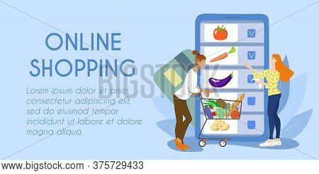 Horizontal Banner For Web Page Template. Online Shopping And Delivery Advertising. Young Couple Choo