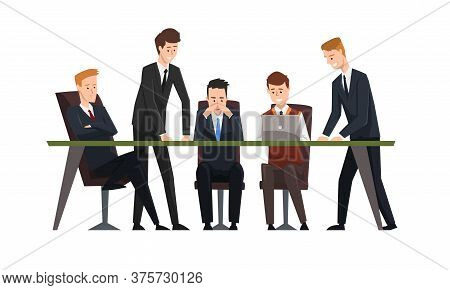 Group Businessmen Having Meeeting At Conference Table, Male Colleagues Discussing Ideas Or Brainstor