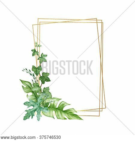 Green Leaf Arrangement With Golden Frame Watercolor Illustration. Eucalyptus, Ivy, Monstera Leaves I
