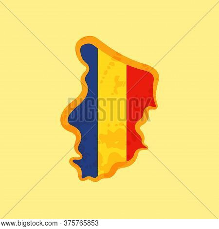 Map Of Chad Colored With The Flag And Marked With A Golden Line In Grunge Vintage Style.