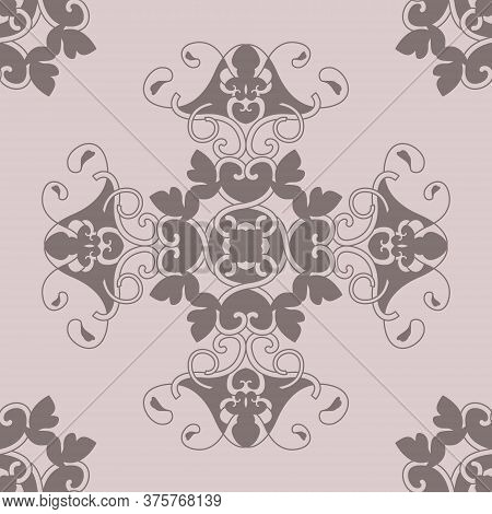 Seamless Pattern With Hearts, Interlaced Spirals And Birds. Romantic. Colors Pinkish Brown Dark And 