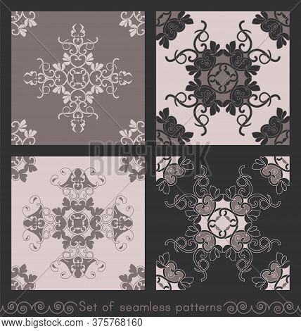 Set Of Seamless Patterns With Hearts, Interlaced Spirals And Birds. Romantic. Colors Pinkish Brown D