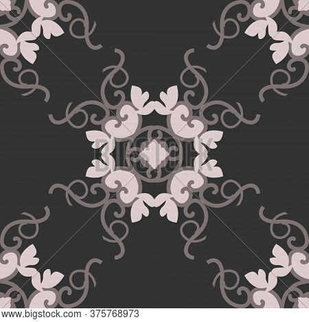 Seamless Pattern With Hearts, Interlaced Spirals And Birds. Romantic. Colors Dark Grey, Pinkish Brow