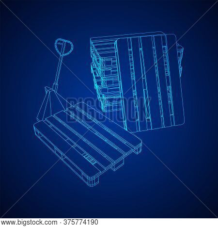 Hand Pallet Jack Lift. Manual Forklift With Cargo Pallet For Warehouse. Logistics Shipping Concept. 