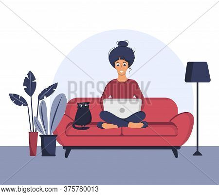 Happy Young Woman Is Relaxing On Comfortable Couch And Using Laptop At Living Room. Vector Flat Illu