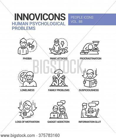 Human Psychological Problems Line Design Style Icons Set