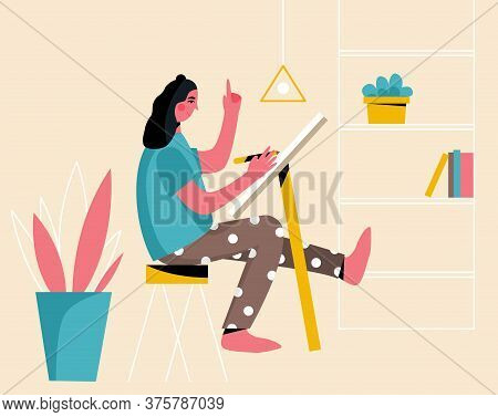 Cute Woman Paints. Girl Working In A Room. Freelance Worker. Female Graphic Designer Or Illustrator.