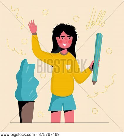 Cute Woman Is Waving Hand And Holding A Pencil. Freelance Graphic Designer Or Illustrator. Artist. M