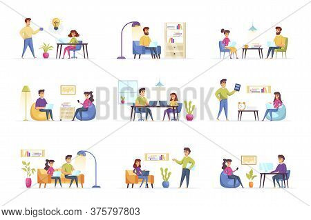 Freelance Work Scenes Bundle With People Characters. Freelancers Working And Communicate At Comforta