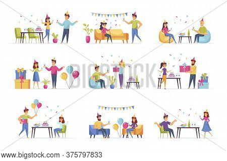 Party Scenes Bundle With People Characters. Friends Drinking And Having Fun Together, Congratulating