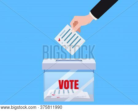 Hand Putting Voting Blanc Paper In Vote Box Transparent, Ballot Campaign. Vector Isolated Illustrati