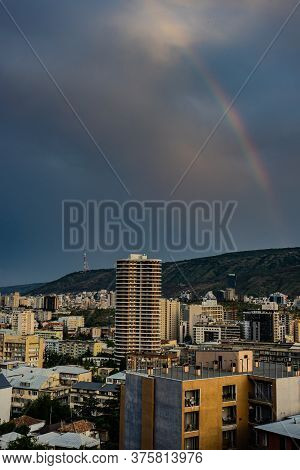 Evening With Rainbow Over Tbilisi's Downtown