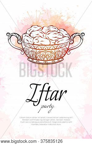Verticall Card With Coloring Illustration Of Dates In A Luxurious Gold Vase With Watercolor Splashes